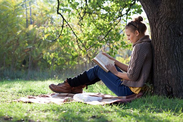 Student reading under a tree